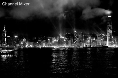black and white photograph of Hong Kong Harbour - showing the benefits of using the channel mixer to convert from colour to black and white